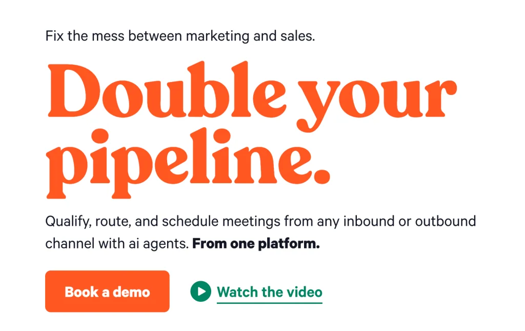 A promotional graphic highlighting the phrase 'Double your pipeline.' It emphasizes fixing the gap between marketing and sales, featuring a call to action to 'Book a demo' and 'Watch the video.'