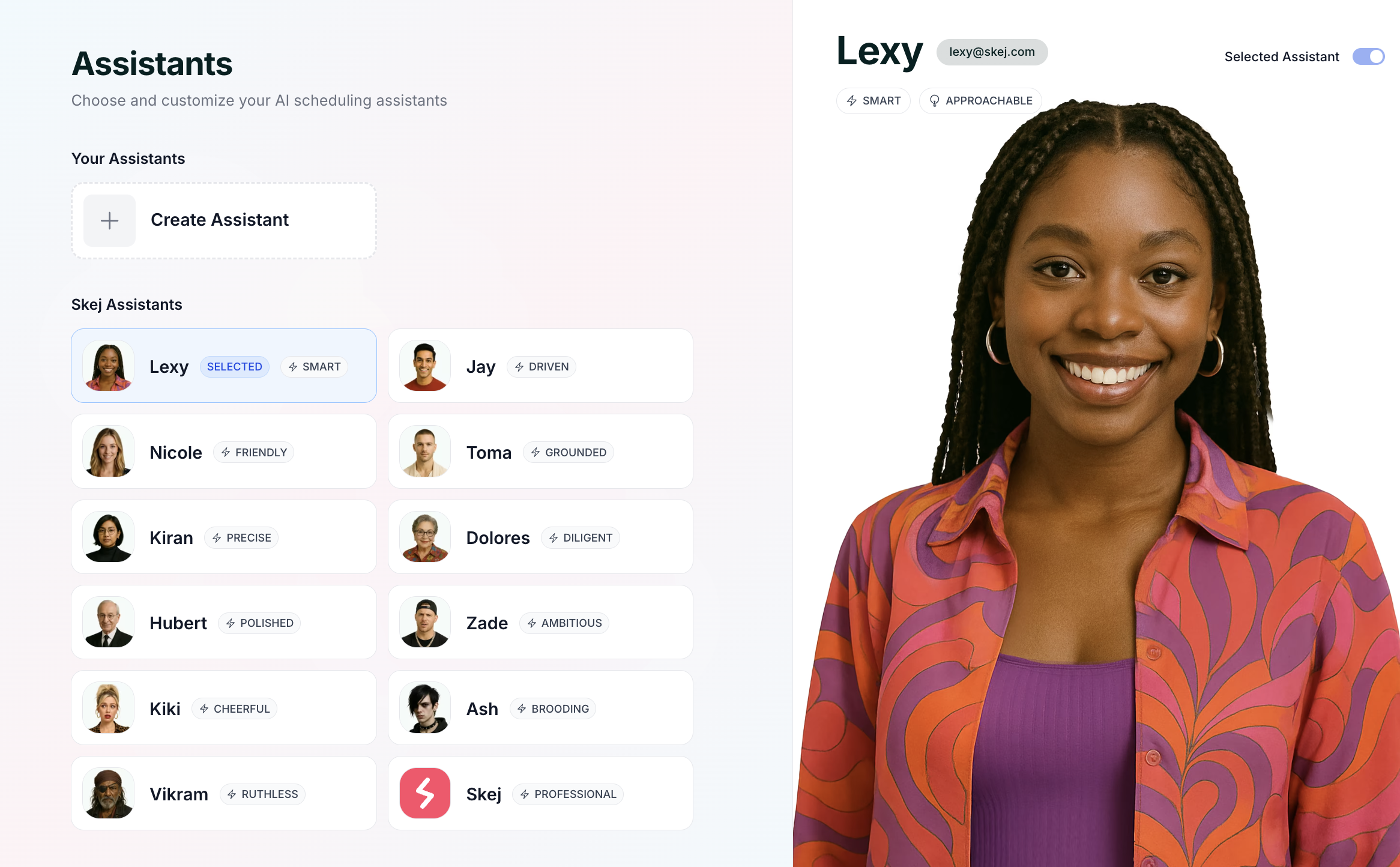 The assistant selection interface showing the available pre-made assistants and their avatars.