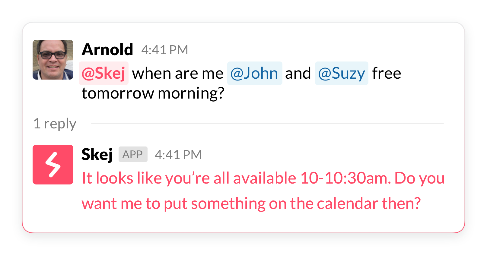Skej showing overlapping availability across participants in Slack.