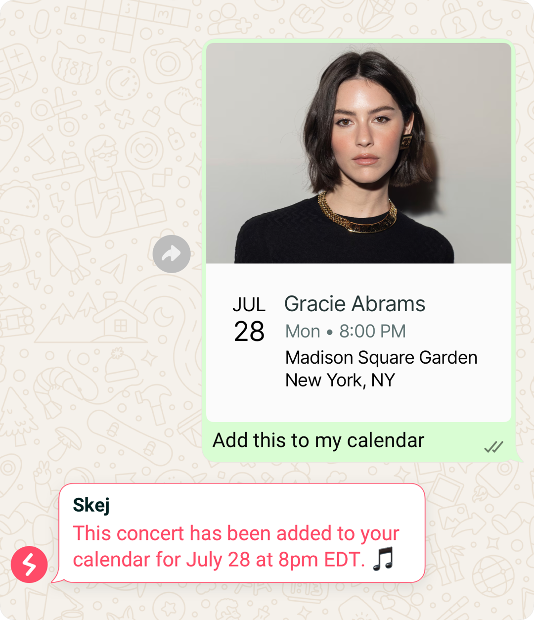 A text message with Skej adding an event to the calendar from a screenshot.