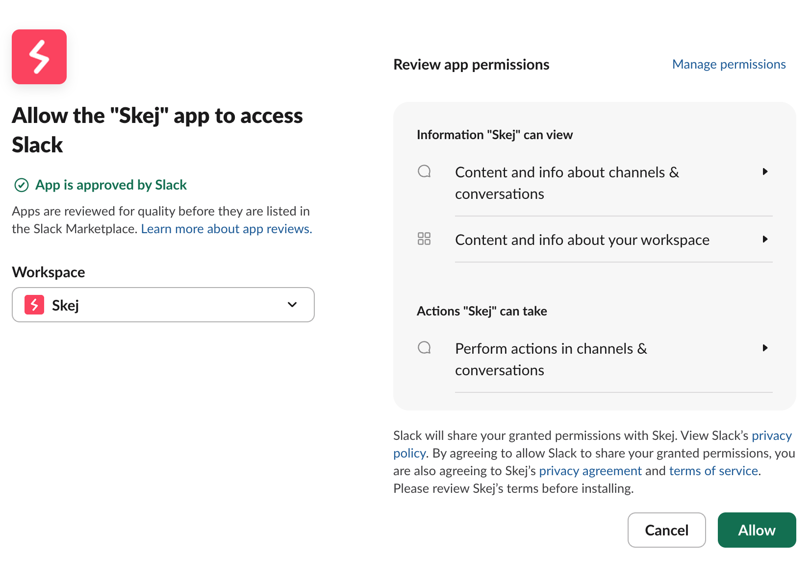 Slack's OAuth permission screen showing the permissions required to install Skej, with an Allow button.