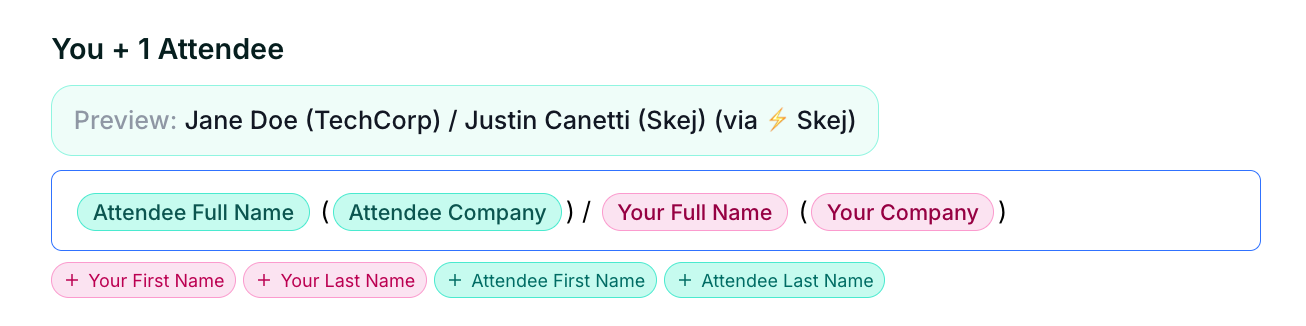Event title format editor for a meeting with you plus one attendee.