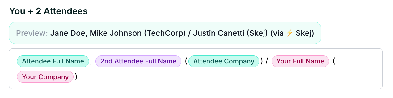 Event title format editor for a meeting with you plus two attendees.