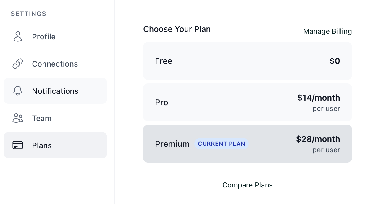 The Plans page in Skej settings showing the Free, Pro, and Premium plans, with the current plan highlighted and a Manage Billing link in the top right.